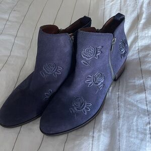 Embroidered Navy Blue Ankle Boots